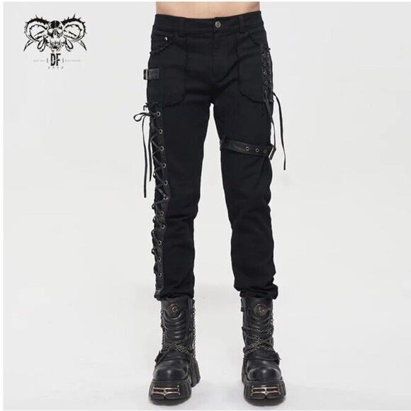 NWT Devil Fashion Mens Goth Punk Biker Grunge Side Lacing Size Small Jeans Black - Picture 2 of 16